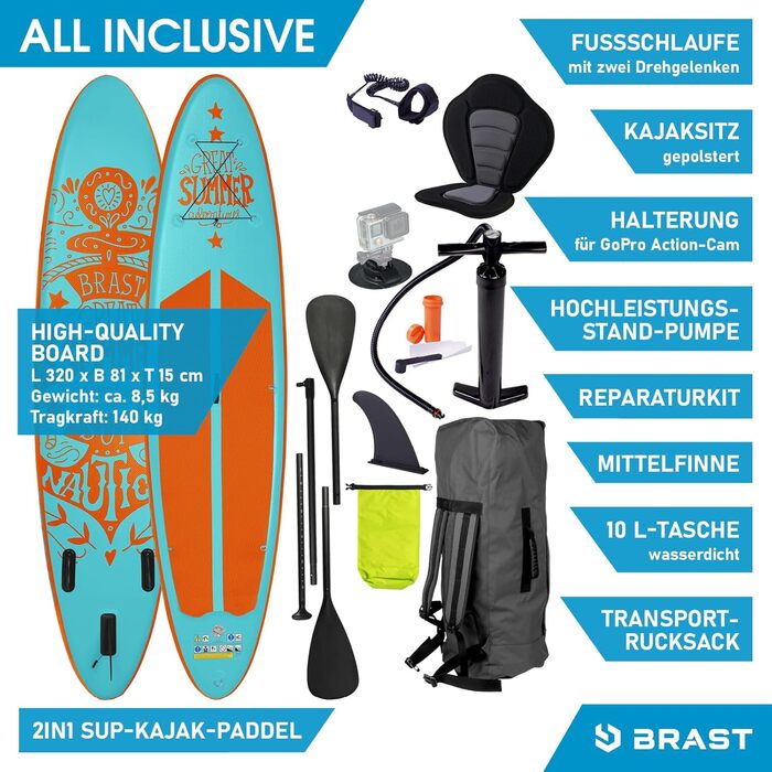 Надувна SUP дошка BRAST Summer 320x81x15 см, комплект з веслом, сидінням для каяка, камеротримачем, гарантія 5 років