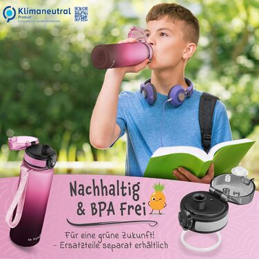 Дитяча пляшка для води My Vesperbox Minny 500 мл з іменем, BPA Free, соломка/сито, для школи та спорту, рожево-фіолетова-чорна