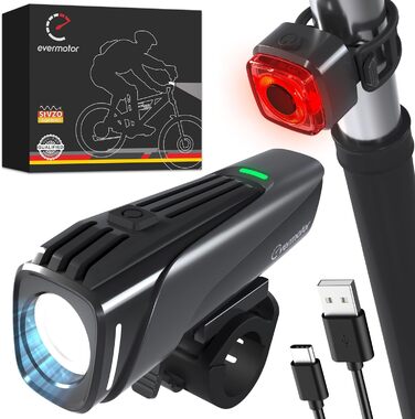 Evermotor LED велосипедний ліхтар комплект StVZO, переднє і заднє світло, USB-C зарядка, велосипедне освітлення для дітей і дорослих, довгий час роботи, аксесуари для гірського велосипеда