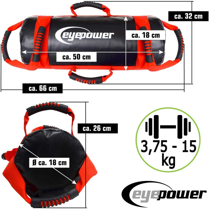 Сумка EYEPOWER 15 кг 4 гирі - Залізний пісок - Фітнес з 6 ручками