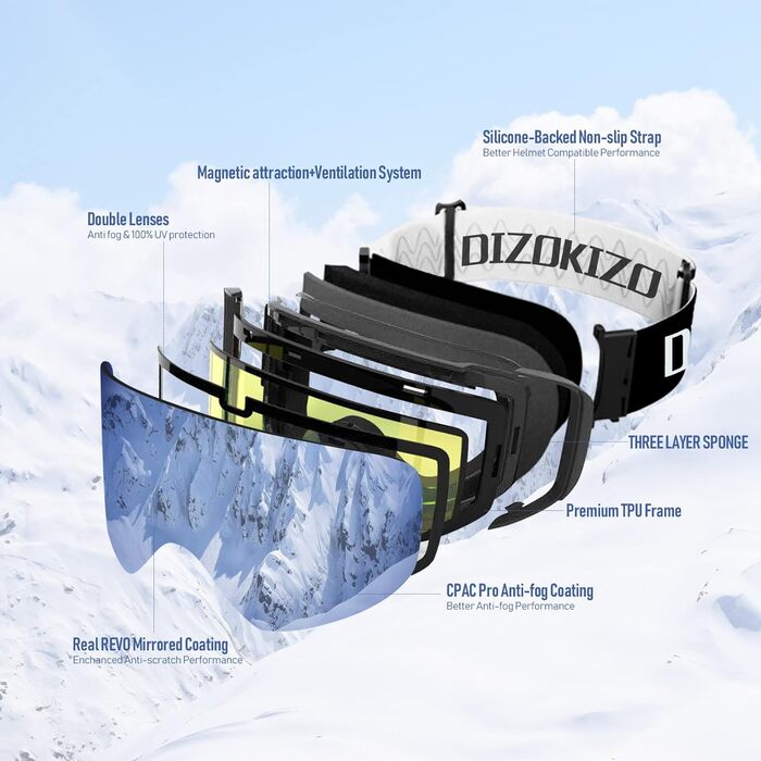 Гірськолижні окуляри Dizokizo знімні лінзи, захист від запотівання та ультрафіолету, потрійна дихаюча піна та рельєфний ремінець для жінок, чоловіків, молодь срібло