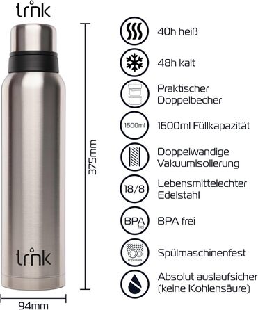 Пляшка для термоса trnk 1600 мл - нерж. сталь, 40 годин гаряча, штормове срібло