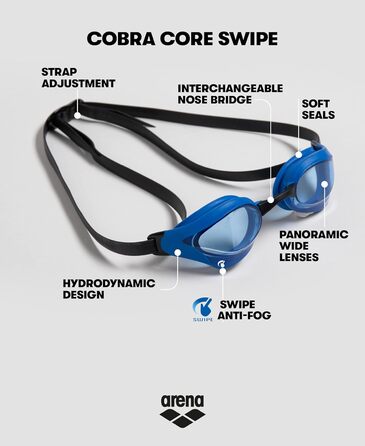 Окуляри для плавання унісекс ARENA Cobra Core Swipe Mirror (1 упаковка) (один розмір, прозорий акулячий сірий)