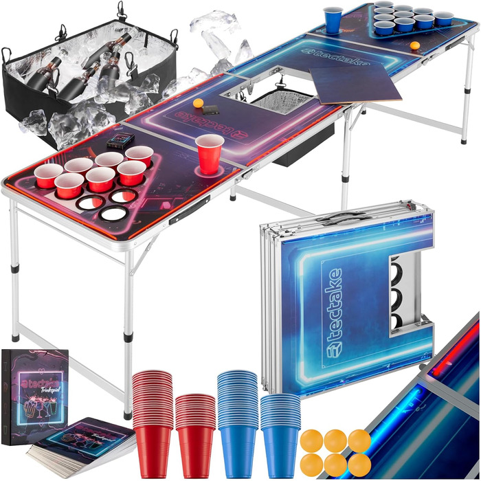 Стіл для пивного пінг-понгу tectake® Beer Pong, складаний, регульований по висоті, з ручками, у комплекті 100 стаканів (50 червоних, 50 синіх) і 6 м’ячів, настільна гра для вечірок, для дорослих