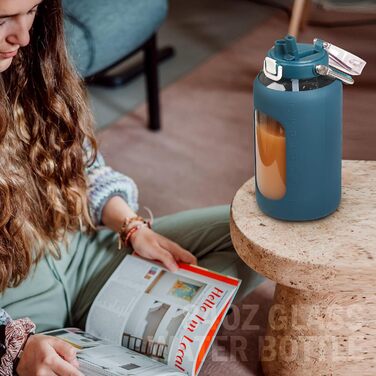 Скляна пляшка для води BLUEGO 2500 мл з нержавіючою ручкою, силіконовим чохлом, таймерами, BPA Free, для спорту та щоденного використання, темно-синя