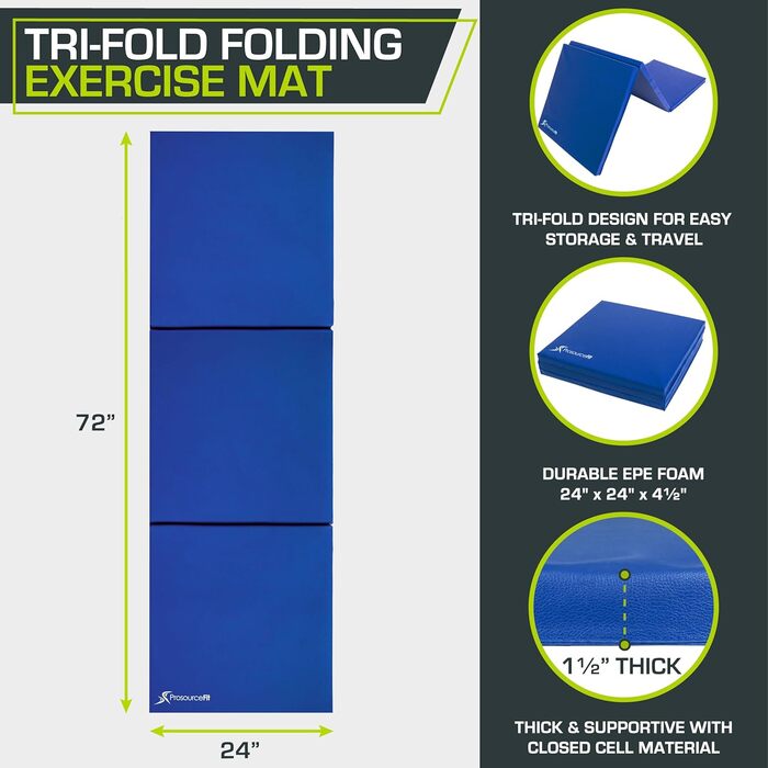 Товстий килимок для вправ ProsourceFit Tri-Fold 183см x 61см з ручками для перенесення для гімнастики, ММА, єдиноборств, гімнастики, стретчингу, основних тренувань (синій)