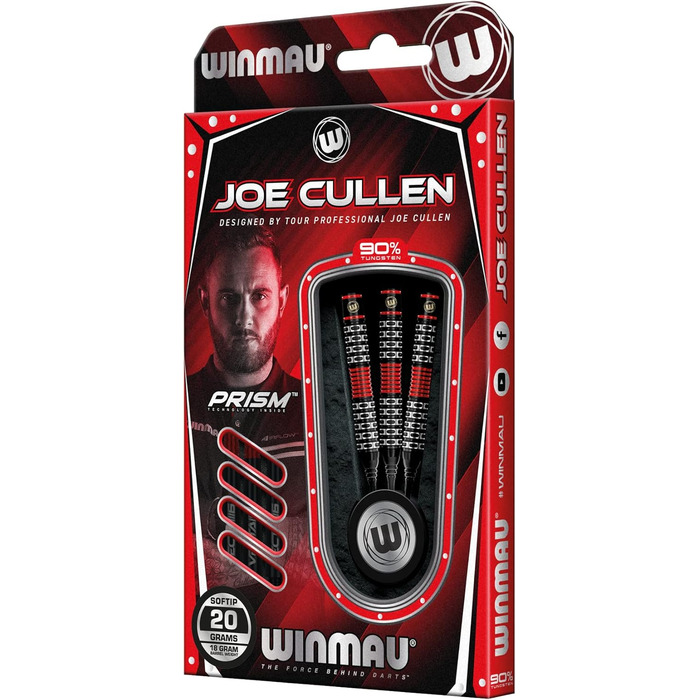 Дартс-набір WINMAU Joe Cullen Special Edition 18 г, професійні вольфрамові софт-тип дротики з оперенням і хвостовиками