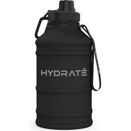 Пляшка для води HYDRATE з нержавіючої сталі - 2.2 літра - Спортивна пляшка для води без бісфенолу А - Металева пляшка для води Практичний нейлоновий ремінець і герметична гвинтова кришка, тренажерний зал 2.2 л вуглецевий чорний