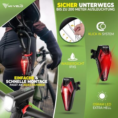 Набір велосипедних LED-ліхтарів MIVELO SMART ONE 100 люкс, акумулятор 2000 мА·год, авто-сенсор, USB зарядка, водонепроникний, передня і задня фара, з рефлекторами, сертифікат StVZO, енергоефективність A+++