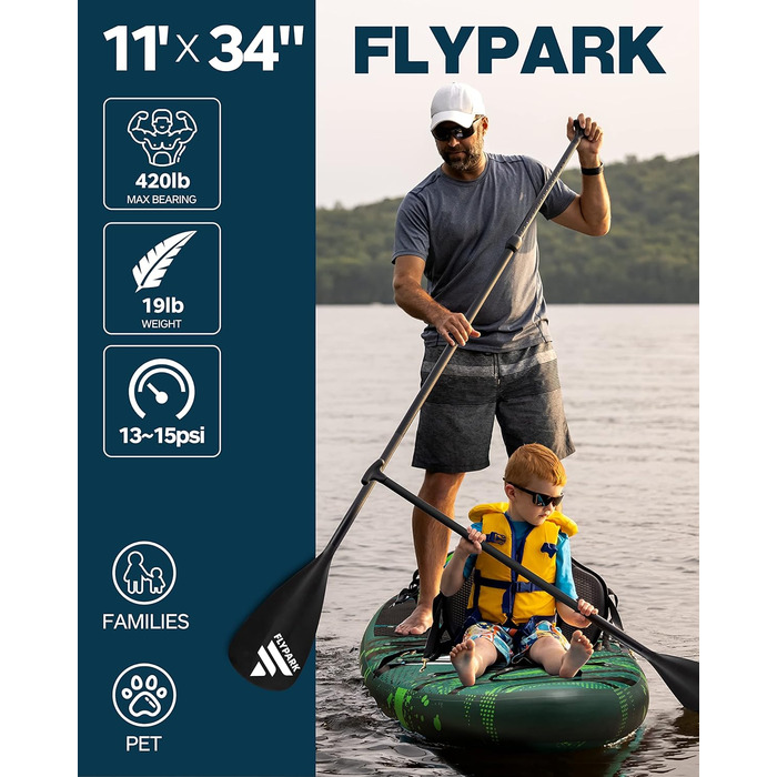 Надувна SUP-дошка Flypark 335x86x15 см, широка, для йоги, з рюкзаком 116 л, 15 D-кілець, ременем, 3 знімними плавниками, насосом