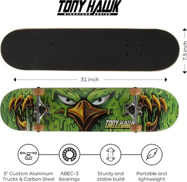 Скейтборд Tony Hawk 78,7 см Скейтборд Tony Hawk Signature Series 2 9-шаровий кленовий дек для круїзів, карвінгу, трюків і швидкісного спуску Slime Hawk