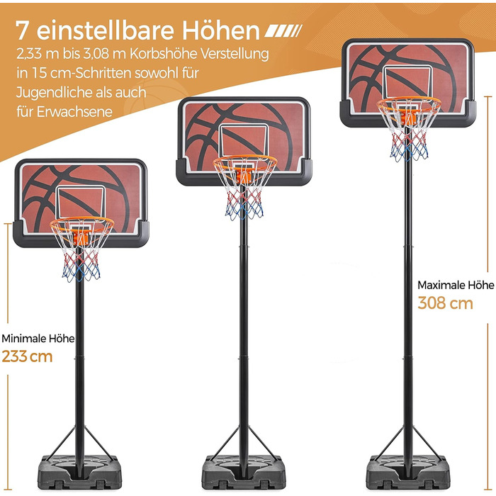 Баскетбольна стійка Yaheetech з регулюванням висоти від 233 до 308 см Мобільне баскетбольне кільце для внутрішнього або зовнішнього баскетбольного кільця можна наповнити водою або піском