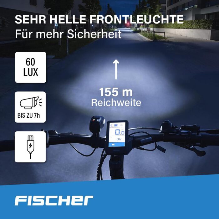 Велосипедний LED набір освітлення FISCHER Twin з 360° підсвіткою для безпеки, передня фара 60 Люкс