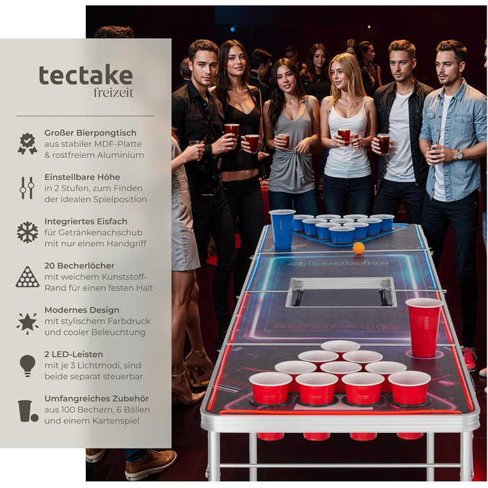 Стіл для пивного пінг-понгу tectake® Beer Pong, складаний, регульований по висоті, з ручками, у комплекті 100 стаканів (50 червоних, 50 синіх) і 6 м’ячів, настільна гра для вечірок, для дорослих
