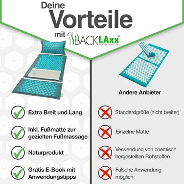 BACKLAXX Акупресурний килимок XL з подушкою, чохлом і сумкою, масажний килимок для спини, шиї та плечей з шипами для релаксації та зняття болю