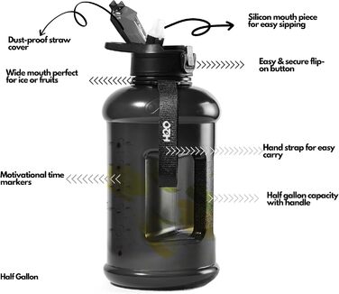 Мотиваційна пляшка для води H2O Capsule INSPO 1,9 л з трубочкою, часовими позначками, зручним ремінцем, BPA-free, Jet Black, герметична, харчовий пластик