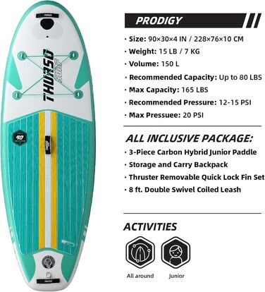 Дитяча надувна дошка для веслування THURSO SURF Wunderkind Junior SUP 228x76x10 см ДВОШАРОВА, Включаючи весло з КАРБОНОВИМ ВАЛОМ/3 ластами з Quick Release/Повідець/Речовий мішок (Emerald)