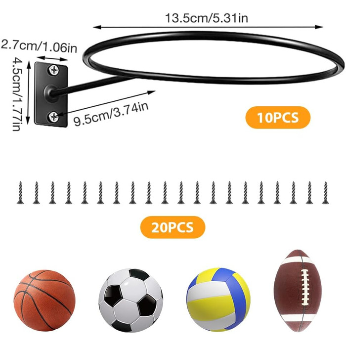 Настінна стійка для м'ячів mizikuu, 10 шт. настінний тримач м'яча з 20 гвинтами Настінний металевий тримач м'яча чорний для футболу, баскетболу, волейболу, регбі
