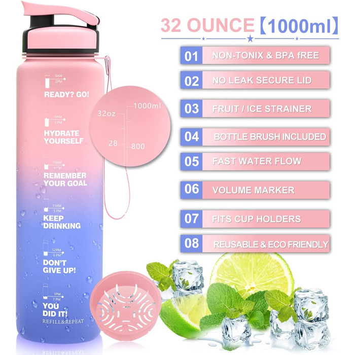 Бутилка для води ZORRI 900 мл, BPA-free, з часовою та вимірювальною шкалою, герметична, легка, спортивна, для школи, фітнесу, зелена/фіолетова