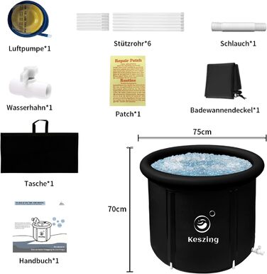 Складна ванна Keszing Крижана ванна Надувна ванна Доросла крижана бочка для купання Складна ванна з льодом Окремо стояча бочка для льоду Складна бочка для ванни Ванна з льодом Крижана ванна (чорна-75x70см)