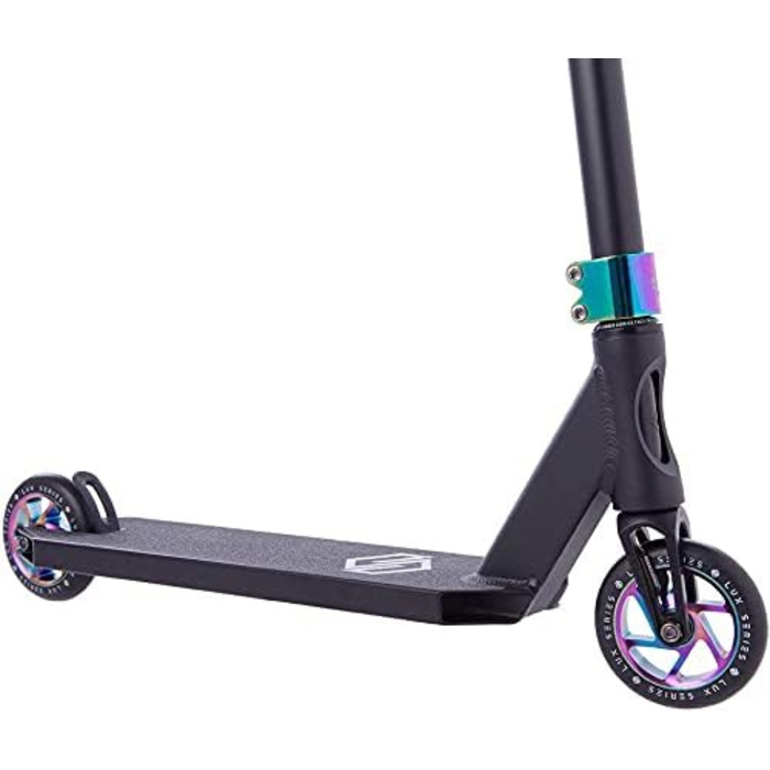 Трюковий самокат Striker Lux H87см Педаль Park Trick Scooter Light 3,1кг наклейка Fantic26 чорна Rainbow Neochrome