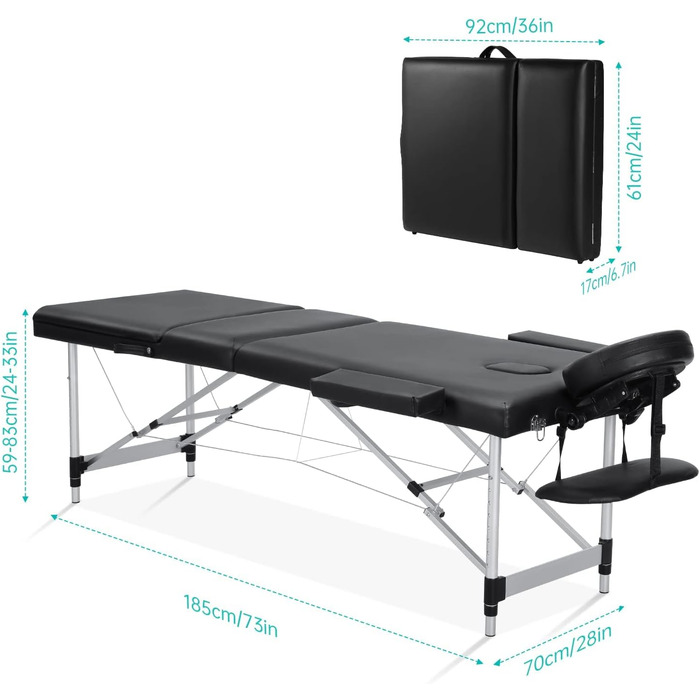 Мобільний масажний стіл Careboda Складний 3-зонний регульований по висоті масажний стіл алюмінієвий з підголівником і підлокітниками та сумкою для перенесення, масажна лавка для косметики, спа, салон, тату