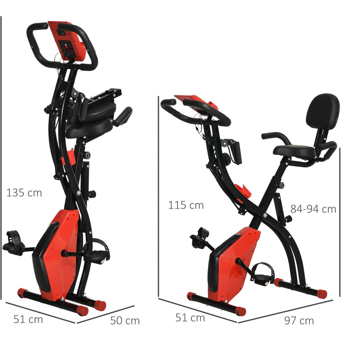 Велотренажер HOMCOM X-Bike 2-в-1 Велосипедний тренажер з РК-дисплеєм Складаний велотренажер з 8 рівнями регульованого магнітного опору та 1 парою натяжної мотузки сталева 97x5115см (червонийчорний)