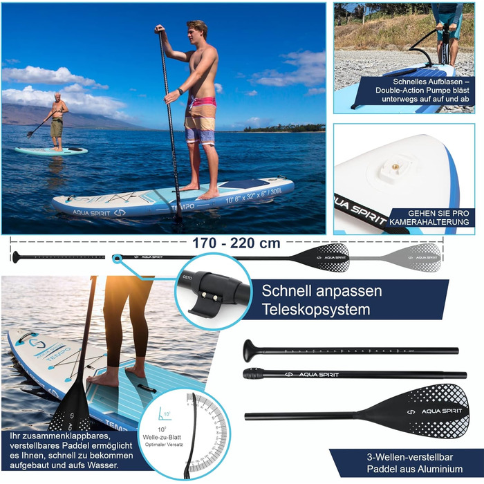 Надувна дошка для падде Aqua Spirit SUP 2024 320x815см/457x915см Комплектація з веслом, рюкзаком, насосом та іншими аксесуарами Дорослі початківці/експерти Гарантія 2 роки (синій 320см)