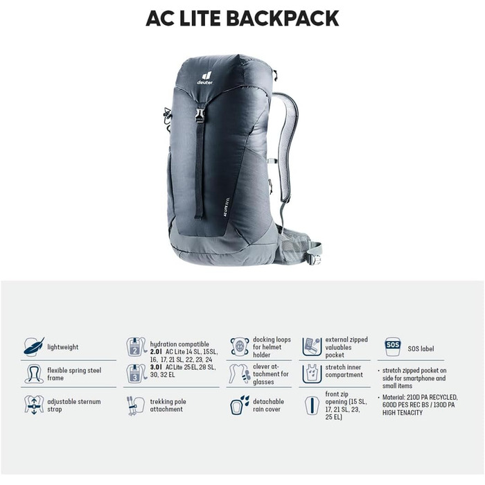 Рюкзак для туризму Deuter AC Lite 32 EL Extra Long, чорний/графіт