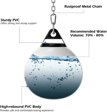 Водна боксерська груша KOMFOTTEU, боксерська боксерська груша, тренувальна мішок водонаповнювана 50 кг, боксерська груша Keeper Bag з водяним шлангом, металевим ланцюгом і карабіном, спеціальною боксерською грушею для дорослої молоді (біла)
