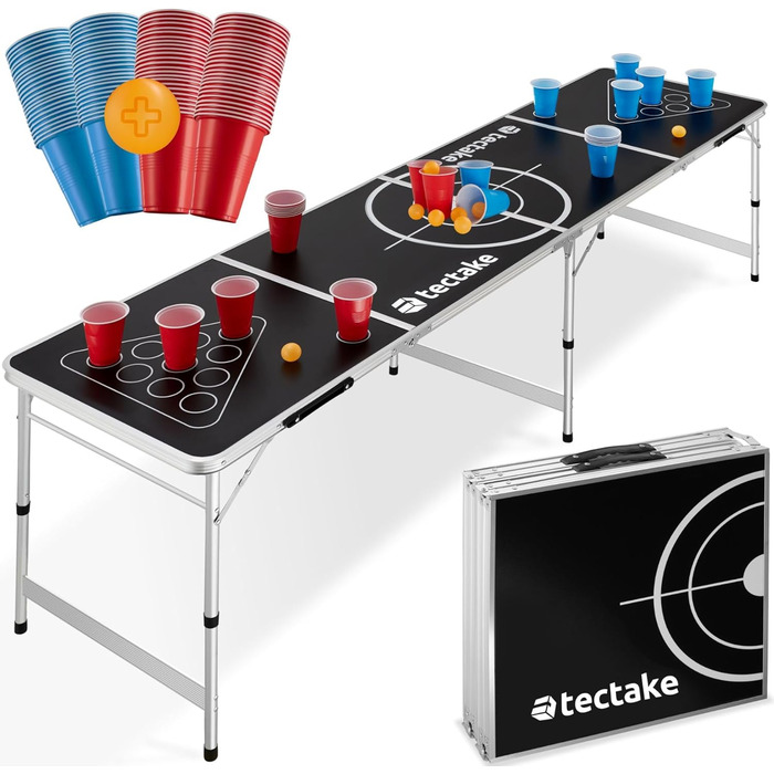 Стіл для Beer Pong tectake, складаний, регульований, з ручками, набір 100 келихів (50 червоних, 50 синіх) та 6 м'ячів, ігри для вечірок, питна гра для дорослих