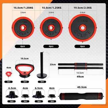 Гантелі CCLIFE Набір з 2 гантелей Штанги регульовані 20 30 40кг Набір гантелей Професійна гантель з обважнювачами зі з'єднувальною сталевою трубкою (червоне залізо 20 кг)