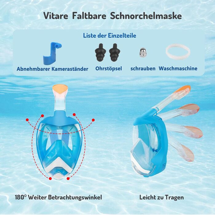 Маска для підводного плавання Vitare для дорослих і дітей, маска для дайвінгу на все обличчя, повна маска для обличчя з полем зору 180, безпечний набір трубок CO2 із затискачем для камери, складний засіб проти запотівання L/XL S/M (СинійБілий, S/M)