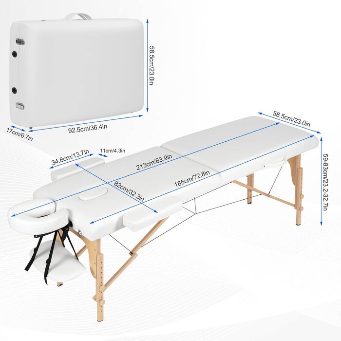 Мобільний масажний стіл, масажна лава складна регульована по висоті, переносний масажний стіл з 2 зонами, з підлокітниками підголівником, в т.ч. сумка для освіження, дерево, біла, LNOG0002