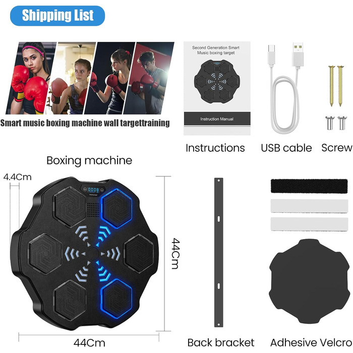 Музична боксерська машина, розумна електронна боксерська машина Світлодіодна настінна мішень для боксу з музикою, підтримує Bluetooth, регулювання швидкості, режим підрахунку калорій, режим хронометражу, для дорослих і дітей