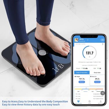 Цифрові ваги для ванної кімнати Vitafit Fat Scale, Bluetooth ваги складу тіла з додатком, розумні ваги для жиру в організмі, ІМТ, м'язової маси, білка, BMR, чорний