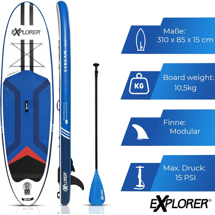 Дошка для веслування EXPLORER SUP Fusion Stand Up до 180 кг Повний комплект з алюмінієвим веслом, рюкзаком, насосом, плавником і набором патчів. (ПОТІК 10.2)