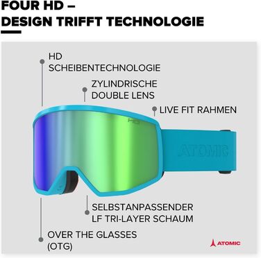 Гірськолижні окуляри Atomic FOUR HD - Гірськолижні окуляри контрастних кольорів - Високоякісні дзеркальні окуляри для сноуборду - Окуляри з каркасом Live Fit - Гірськолижні окуляри з великим полем зору (Teal Blue)