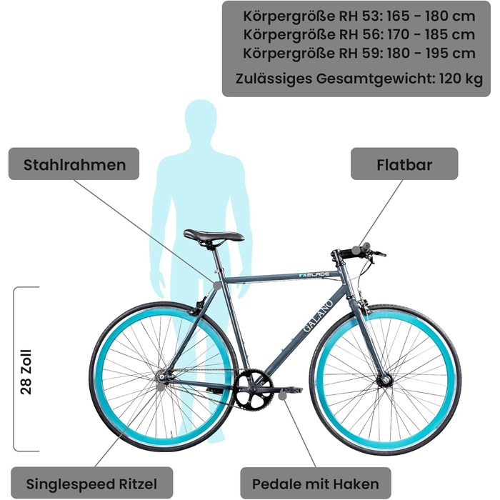 Велосипед-фіксик Galano Blade для жінок та чоловіків 165-195 см одношвидкісний велосипед ретро 28 дюймів Міські велосипеди багатьох розмірів з перекидним шльопанцем Шосейний велосипед City (графітовий/морський зелений, 56 см)