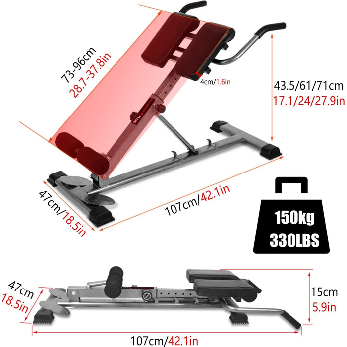 Римське крісло Машина для зворотної гіперекстензії, Сталеві гіпервправи Римський стілець Ергономічний, розбірний тренажер для тренування талії, живота, спини (колір червоний) червоний
