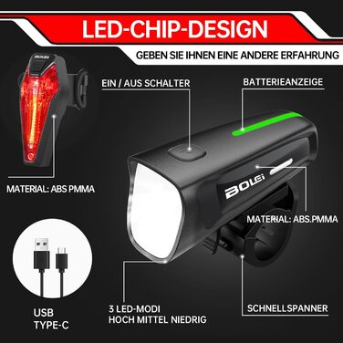 LED набір велосипедних фар 100 ЛКС, StVZO, USB, водостійкий IPX5, переднє та заднє світло з індикатором низького заряду батареї