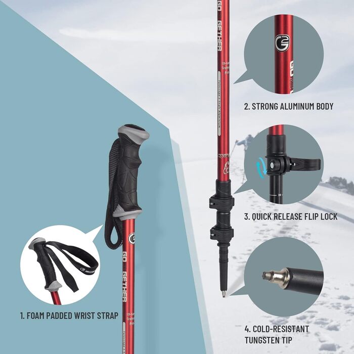 Трекінгові туристичні палиці Алюмінієві туристичні палиці з швидкорегульованими замками - Ручка для комфорту - М'який ремінь - Кошики для снігу прикріплені - підходять для піших прогулянок, прогулянок (червоні), 2 GO2GETHER