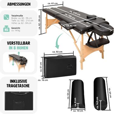 Мобільний масажний стіл tectake 2 зони, складний, регульований по висоті, з позиціонуючими роликами, з навантаженням до 250 кг, фізіотерапевтичні аксесуари, масажний стіл для косметики, оздоровлення або тату - чорний чорний No 404745