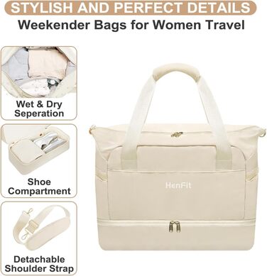 Дорожня спортивна сумка HenFit Weekender для жінок з відділенням для взуття та мокрих речей, бежева, для подорожей, фітнесу, йоги