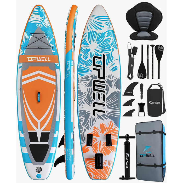 UPWELL Надувна SUP-дошка 320/335 см для дорослих і підлітків з преміум аксесуарами: рюкзак, 10 л гермомішок, 2-в-1 весло, страховочний лиш, ручний насос, плавці