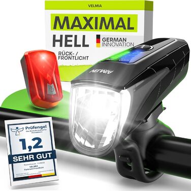 Набір велосипедних LED фар VELMIA StVZO, USB акумулятор, 8,5 годин, водостійкі, переднє і заднє світло, 70 люкс, золотий
