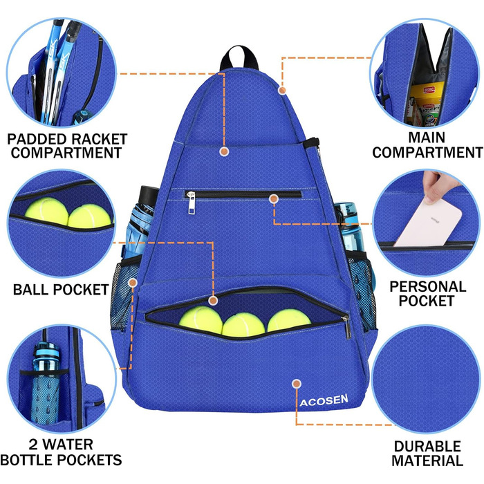 Тенісна сумка ACOSEN, Tennis Backpack - великі тенісні сумки для жінок і чоловіків, для тенісних ракеток, піклбольних лопаток, ракеток для бадмінтону, ракеток для сквошу, м'ячів та інших аксесуарів (сині)