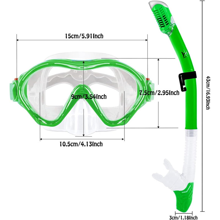 Набір трубок для дітей з ластами, панорамні окуляри для дайвінгу 180 проти запотівання дитячі, регульовані ласти для плавання, високоякісна маска для дайвінгу та трубка з сухим верхом для плавання (прозорий зелений)