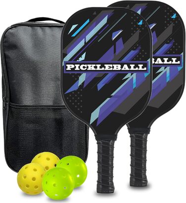 Набір Pickleball 2 весла, 4 м'ячі, сумка, графіт/скловолокно, фіолет/чорн