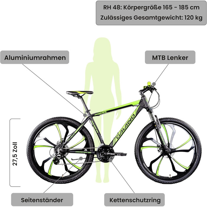 Гірський велосипед Galano Primal для підлітків та дорослих від 165 см Велосипед Hardtail 27,5 дюймів 650B з амортизаційною вилкою 24 передачі Чорний/Зелений 48 см